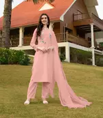 Light-pink hand embroidery art silk stitched straight cut trouser kurta & dupatta 