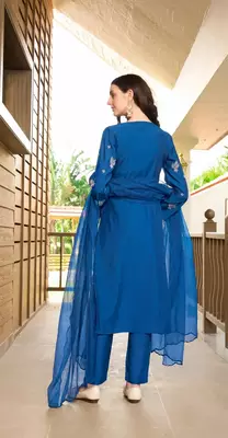 Blue hand embroidery art silk stitched asymmetrical  trouser kurta & dupatta  4