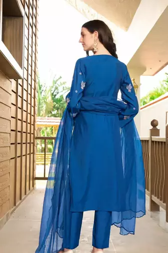 Blue hand embroidery art silk stitched asymmetrical  trouser kurta & dupatta 