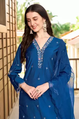 Blue hand embroidery art silk stitched asymmetrical  trouser kurta & dupatta  5