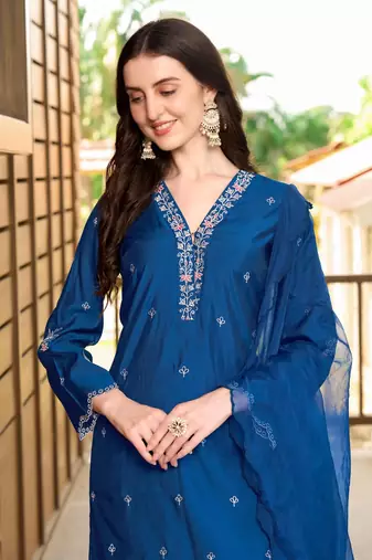 Blue hand embroidery art silk stitched asymmetrical  trouser kurta & dupatta 