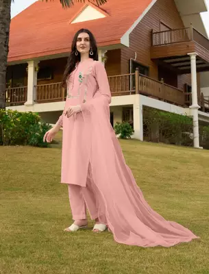 Light-pink hand embroidery art silk stitched straight cut trouser kurta & dupatta  3