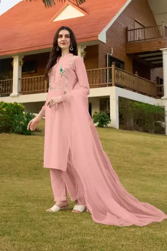 Light-pink hand embroidery art silk stitched straight cut trouser kurta & dupatta 