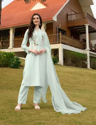 Light-green hand embroidery art silk stitched straight cut trouser kurta & dupatta  1