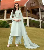 Light-green hand embroidery art silk stitched straight cut trouser kurta & dupatta 