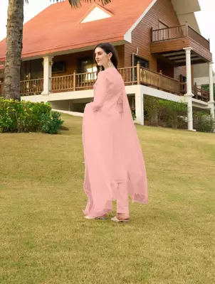 Light-pink hand embroidery art silk stitched straight cut trouser kurta & dupatta  4
