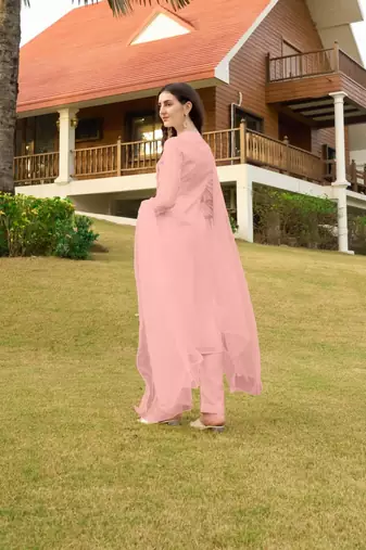 Light-pink hand embroidery art silk stitched straight cut trouser kurta & dupatta 