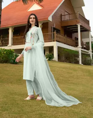 Light-green hand embroidery art silk stitched straight cut trouser kurta & dupatta  3