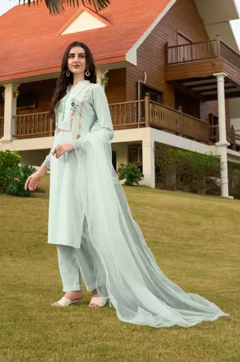 Light-green hand embroidery art silk stitched straight cut trouser kurta & dupatta 