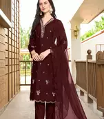 Dark-maroon hand embroidery art silk stitched asymmetrical  trouser kurta & dupatta 