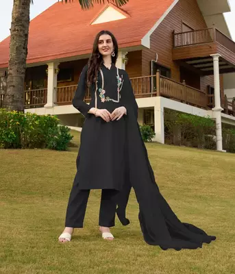 Black hand embroidery art silk stitched straight cut trouser kurta & dupatta  1