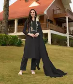 Black hand embroidery art silk stitched straight cut trouser kurta & dupatta 