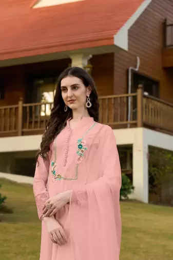 Light-pink hand embroidery art silk stitched straight cut trouser kurta & dupatta 