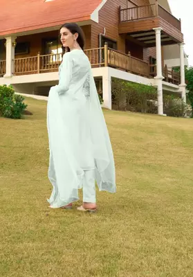 Light-green hand embroidery art silk stitched straight cut trouser kurta & dupatta  4