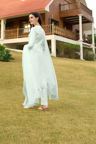 Light-green hand embroidery art silk stitched straight cut trouser kurta & dupatta 
