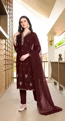 Dark-maroon hand embroidery art silk stitched asymmetrical  trouser kurta & dupatta  3