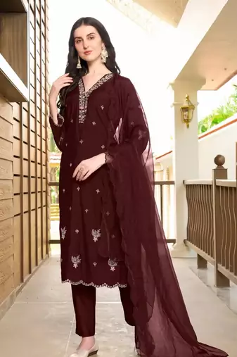 Dark-maroon hand embroidery art silk stitched asymmetrical  trouser kurta & dupatta 