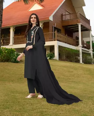 Black hand embroidery art silk stitched straight cut trouser kurta & dupatta  3