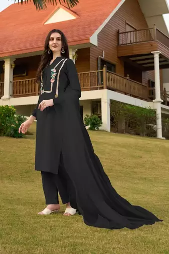 Black hand embroidery art silk stitched straight cut trouser kurta & dupatta 