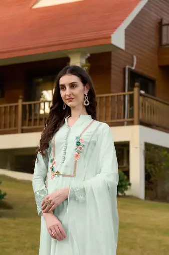 Light-green hand embroidery art silk stitched straight cut trouser kurta & dupatta 
