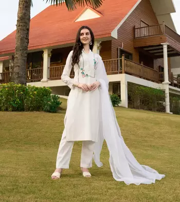 Off-white hand embroidery art silk stitched straight cut trouser kurta & dupatta  1
