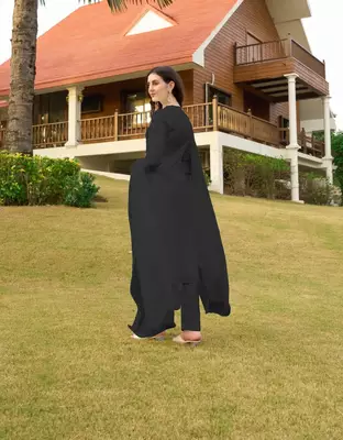 Black hand embroidery art silk stitched straight cut trouser kurta & dupatta  4
