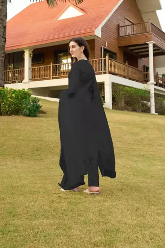 Black hand embroidery art silk stitched straight cut trouser kurta & dupatta 
