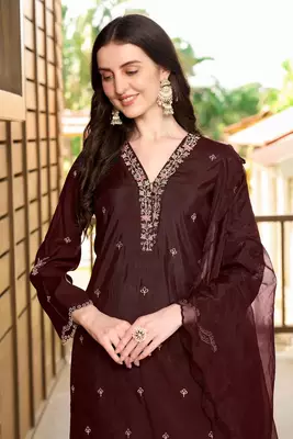 Dark-maroon hand embroidery art silk stitched asymmetrical  trouser kurta & dupatta  5