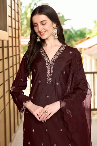 Dark-maroon hand embroidery art silk stitched asymmetrical  trouser kurta & dupatta 