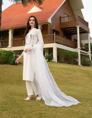 Off-white hand embroidery art silk stitched straight cut trouser kurta & dupatta  3