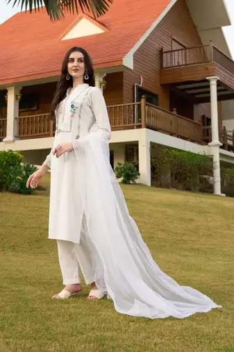 Off-white hand embroidery art silk stitched straight cut trouser kurta & dupatta 