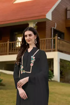 Black hand embroidery art silk stitched straight cut trouser kurta & dupatta  5
