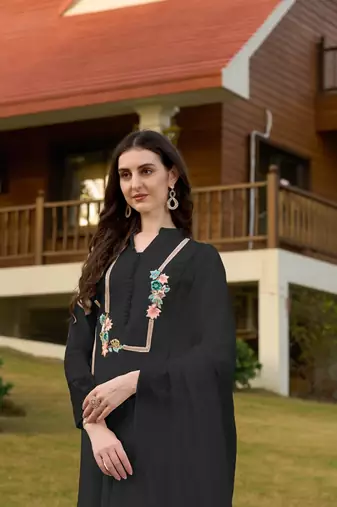 Black hand embroidery art silk stitched straight cut trouser kurta & dupatta 