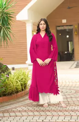 Dark-pink hand embroidery art silk stitched asymmetrical  palazzo kurta & dupatta  1