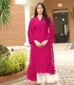 Dark-pink hand embroidery art silk stitched asymmetrical  palazzo kurta & dupatta 