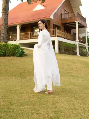 Off-white hand embroidery art silk stitched straight cut trouser kurta & dupatta  4