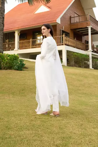 Off-white hand embroidery art silk stitched straight cut trouser kurta & dupatta 