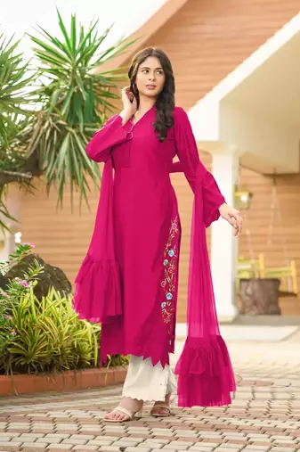 Dark-pink hand embroidery art silk stitched asymmetrical  palazzo kurta & dupatta 