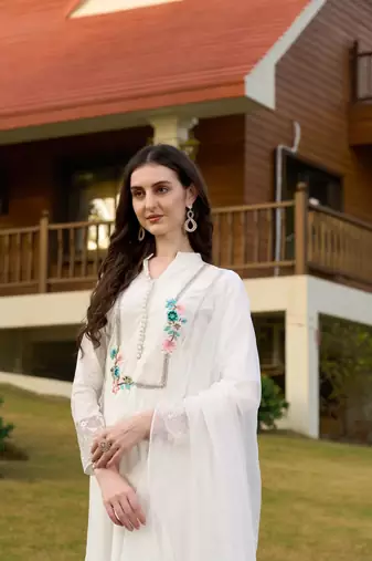 Off-white hand embroidery art silk stitched straight cut trouser kurta & dupatta 