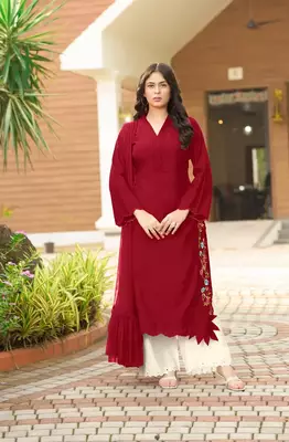Maroon hand embroidery art silk stitched asymmetrical  palazzo kurta & dupatta  1