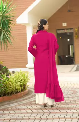 Dark-pink hand embroidery art silk stitched asymmetrical  palazzo kurta & dupatta  4