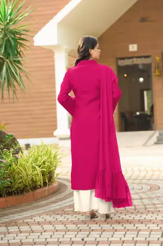 Dark-pink hand embroidery art silk stitched asymmetrical  palazzo kurta & dupatta 