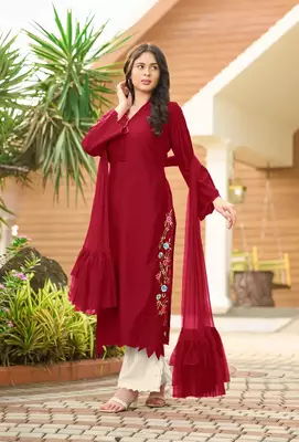 Maroon hand embroidery art silk stitched asymmetrical  palazzo kurta & dupatta  3