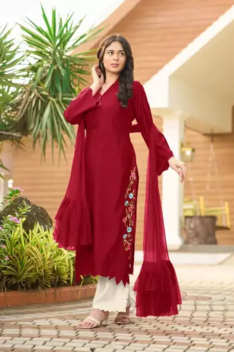 Maroon hand embroidery art silk stitched asymmetrical  palazzo kurta & dupatta 