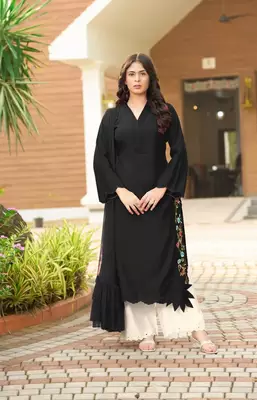 Black hand embroidery art silk stitched asymmetrical  palazzo kurta & dupatta  1