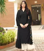 Black hand embroidery art silk stitched asymmetrical  palazzo kurta & dupatta 