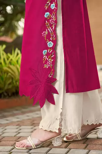 Dark-pink hand embroidery art silk stitched asymmetrical  palazzo kurta & dupatta 