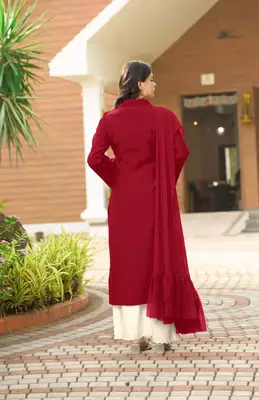 Maroon hand embroidery art silk stitched asymmetrical  palazzo kurta & dupatta  4