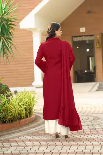 Maroon hand embroidery art silk stitched asymmetrical  palazzo kurta & dupatta 