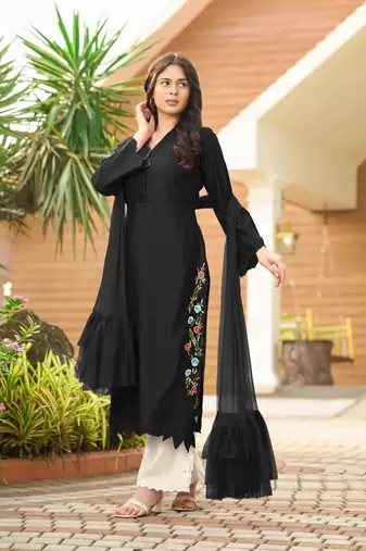 Black hand embroidery art silk stitched asymmetrical  palazzo kurta & dupatta 